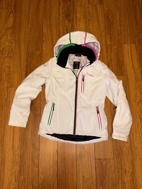 White Hyra ski jacket with green/pink stripes on hood and zipper lines, size S